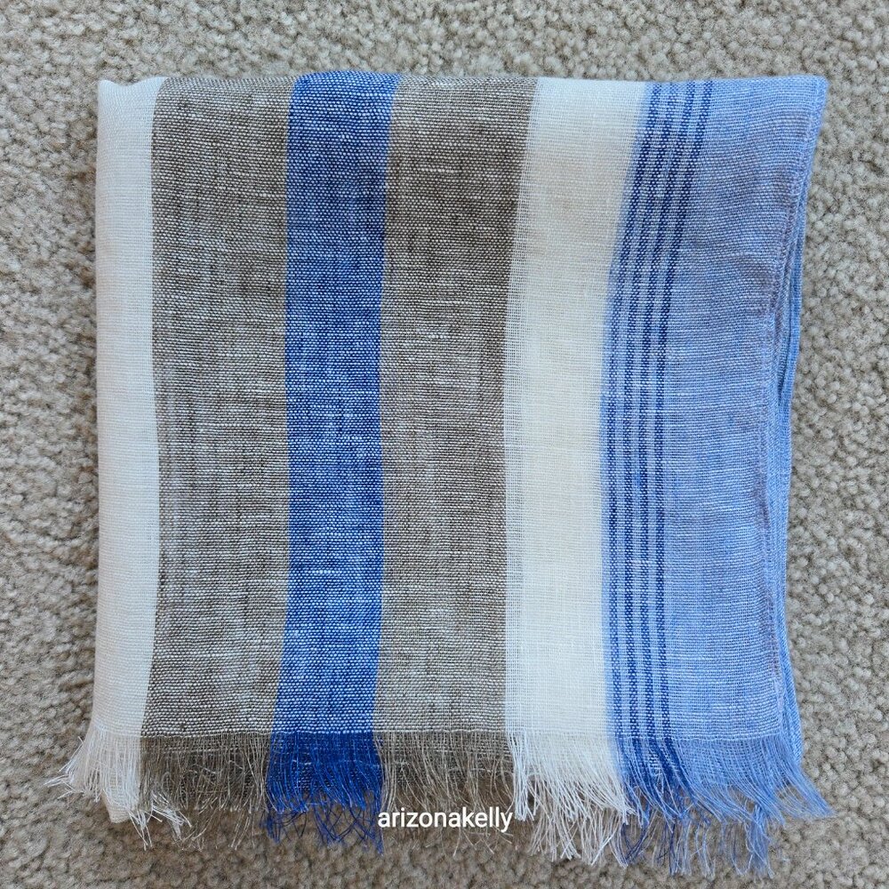 Puro Lino Linen Scarf Stripe Blue White & Taupe Italian Linen - Picture 3 of 8